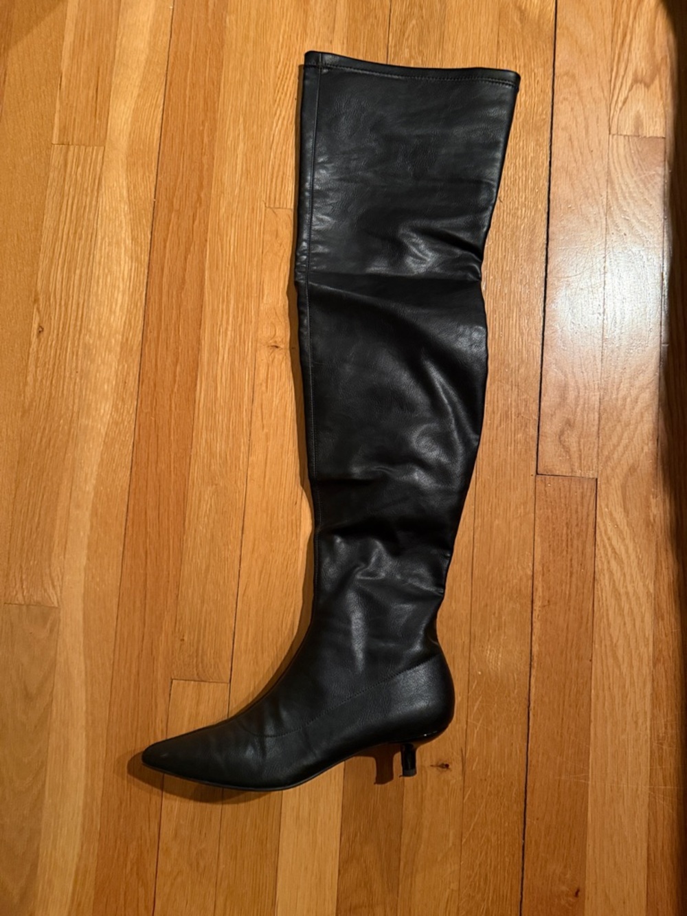 Over-The-Knee Pointed Toe Black Boot with Low Kitten Heel - Women